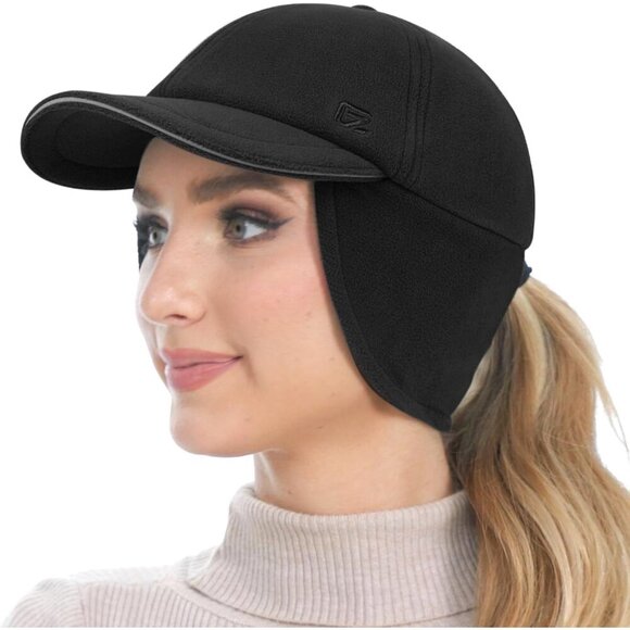 〽️Women’s Black Fleece Winter Hat Reflective Ponytail Ear Flap main image 5